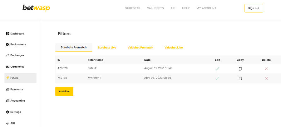 Start settings of filters