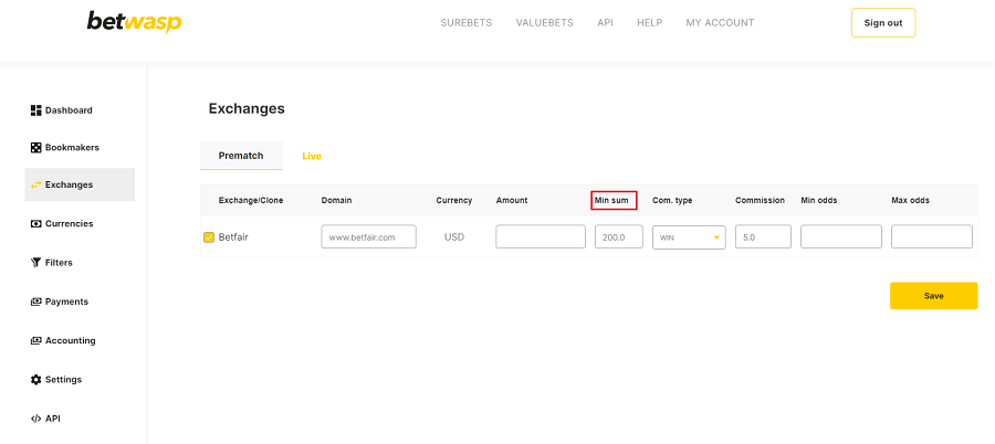 Betting exchanges settings