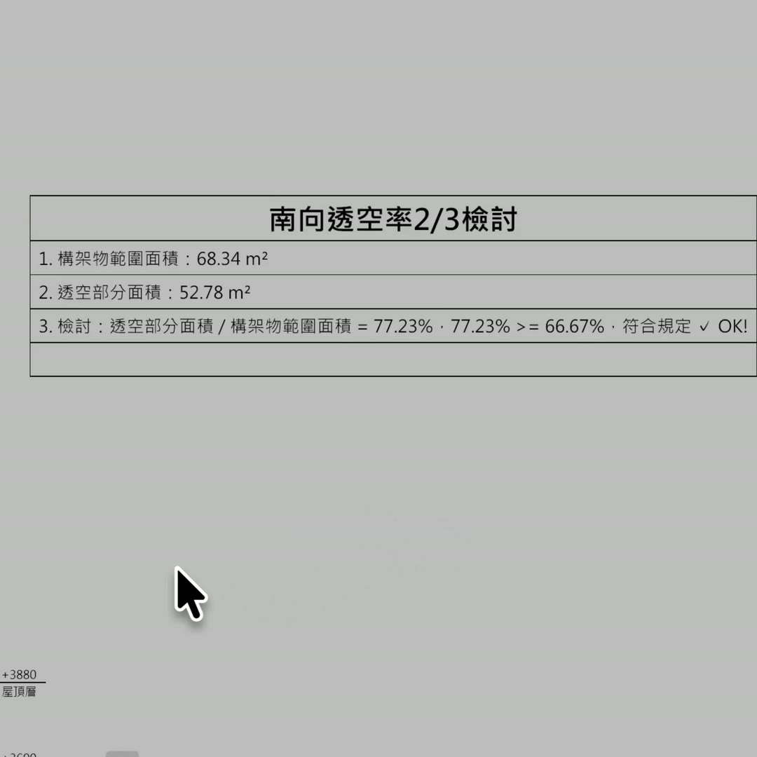 放在圖面上的「南向透空率 2/3 檢討」表格，顯示 77.23% ≥ 66.67% 符合規定