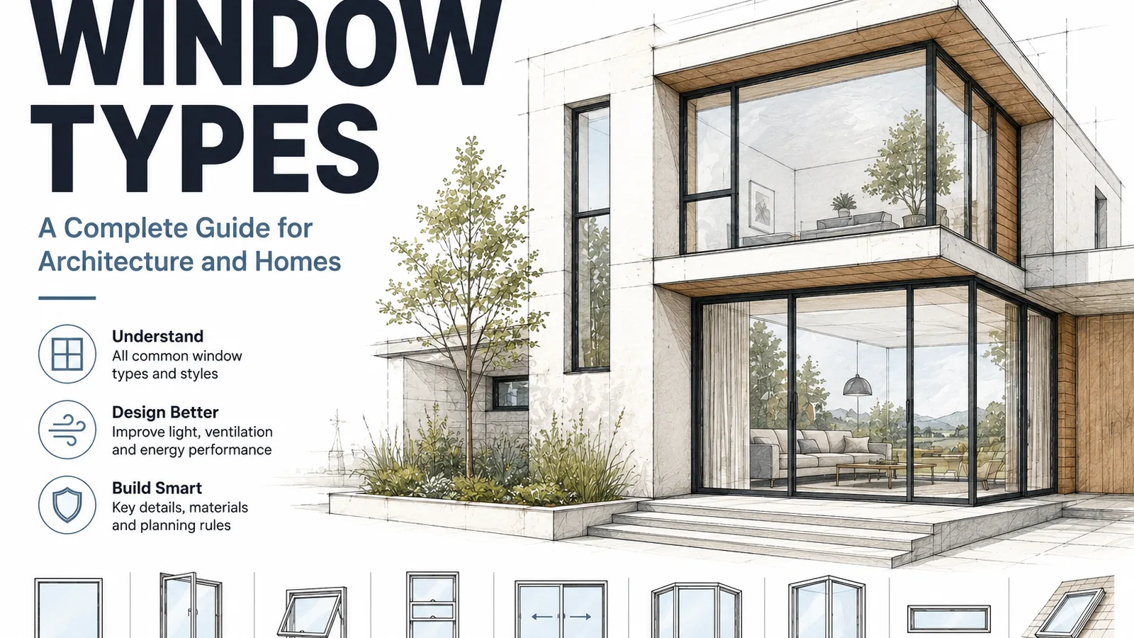 Wide variety of architectural window types shown on a modern building facade