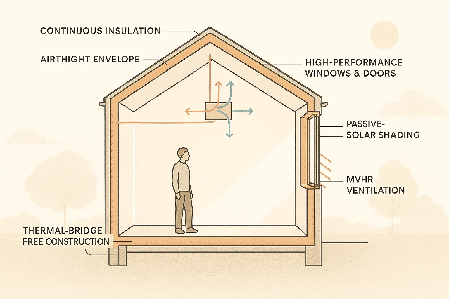 Comprehensive diagram showcasing Passive House design principles including insulation, airtightness, and ventilation.