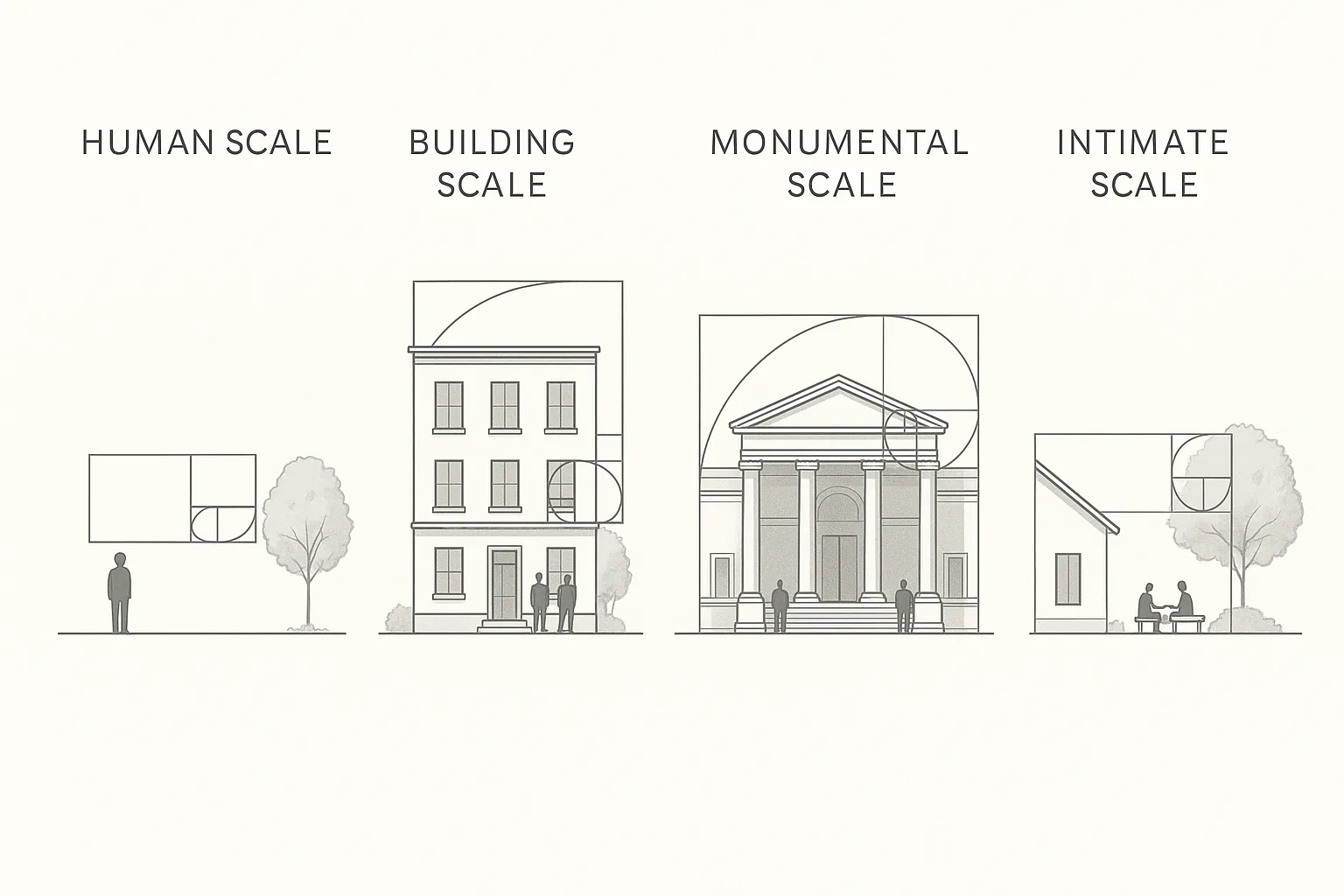 Diagram showcasing various scales in architecture, emphasizing human, building, and monumental scales.