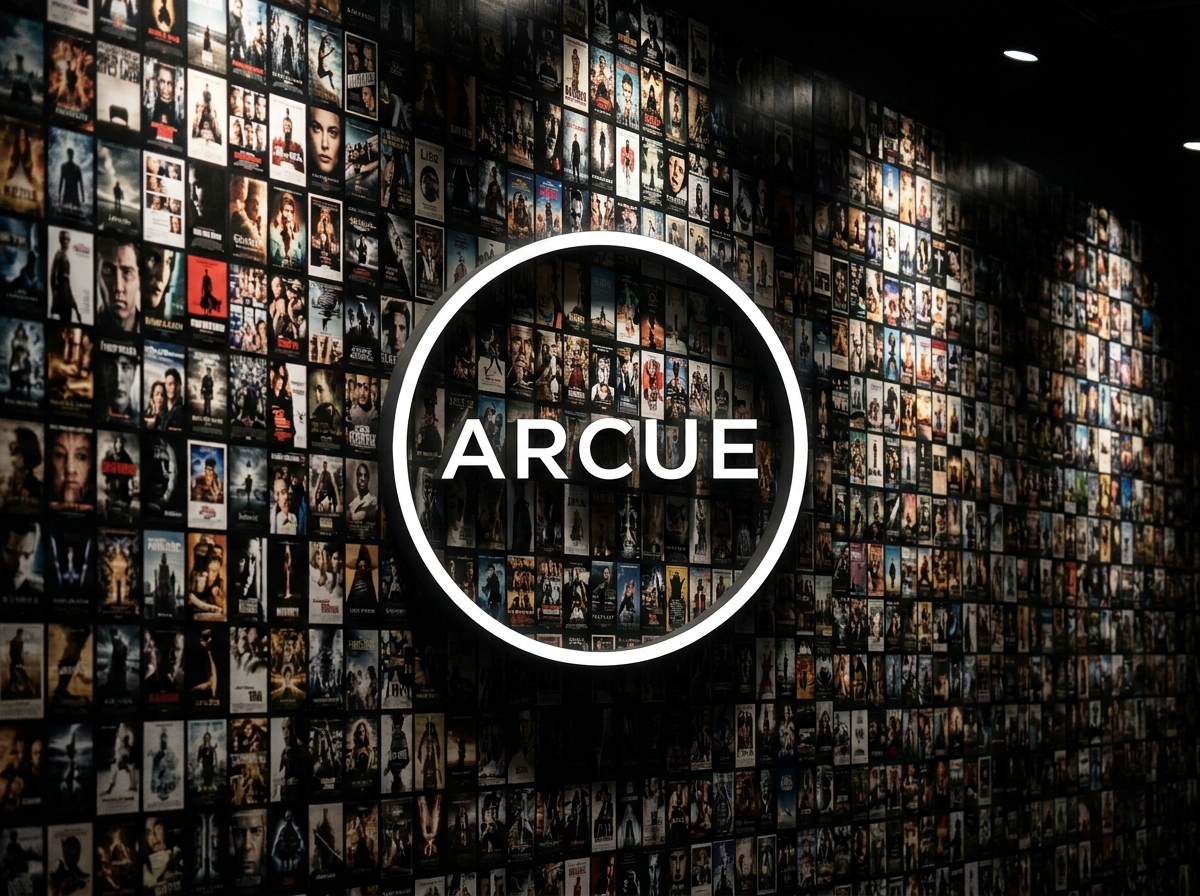 A monumental wall of cinematic book posters behind a clean, white circular Arcue logo.