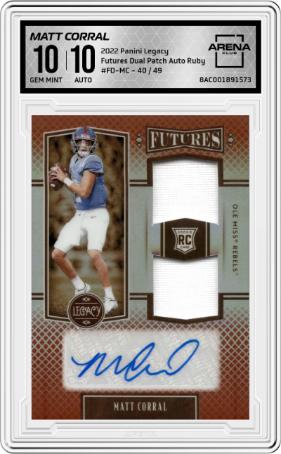 2022 Panini Legacy Futures Dual Patch Auto Matt Corral Ruby ARENA CLUB 10
