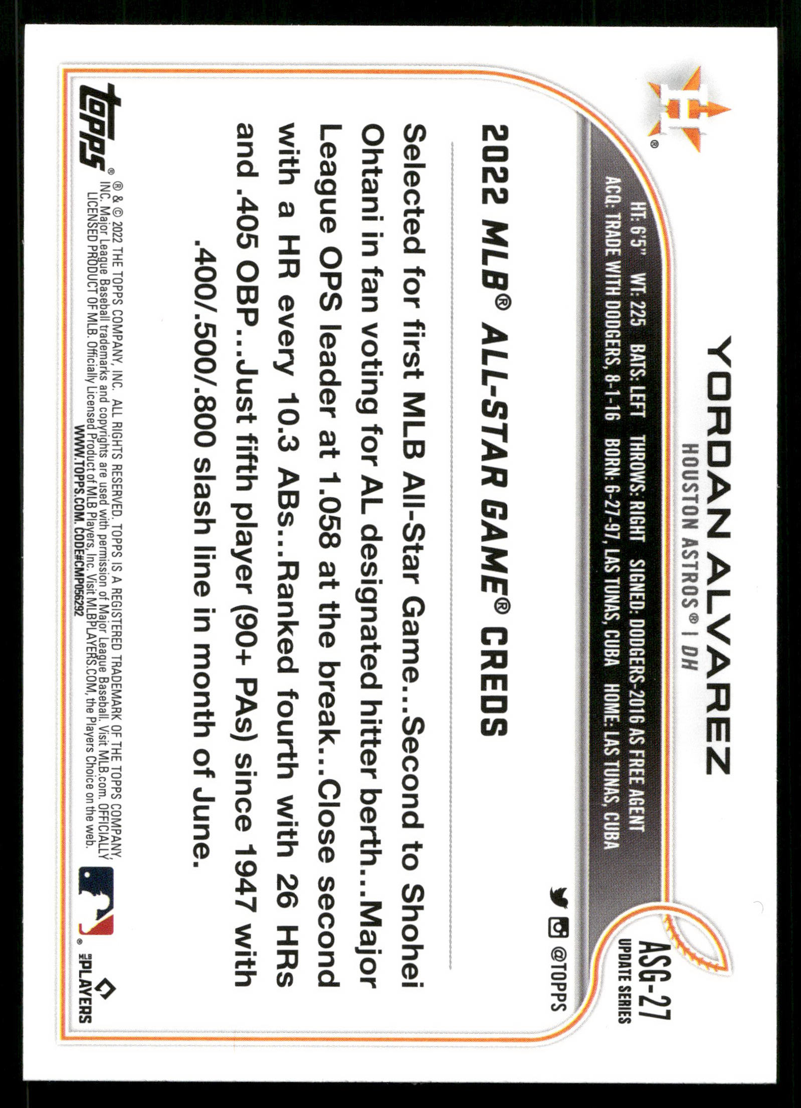 Yordan Alvarez 2022 Topps Update # ASG-27 All Star Game Houston