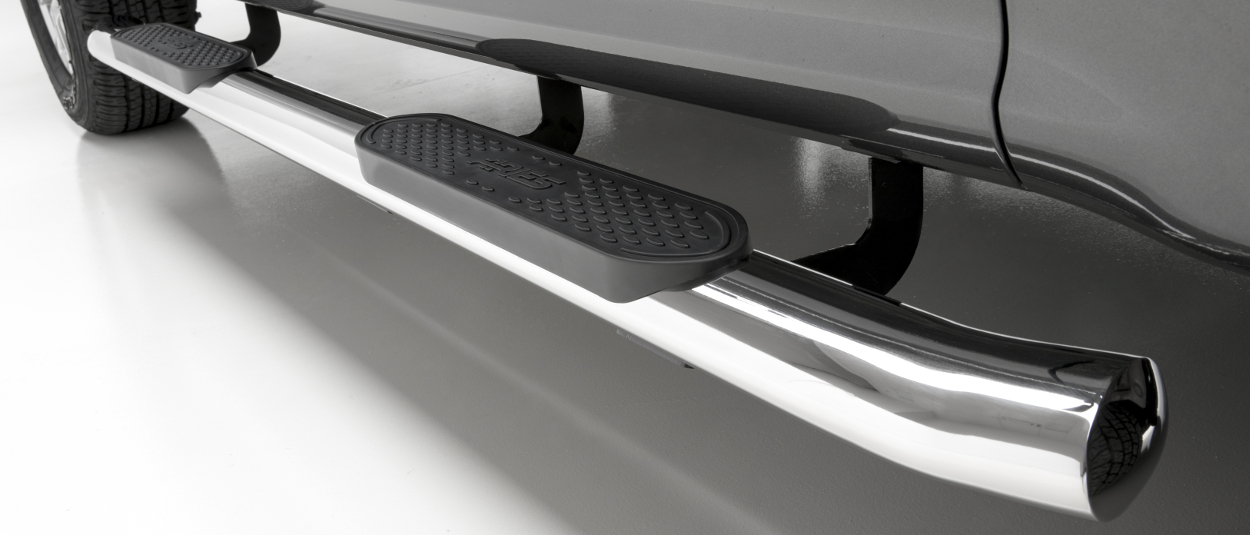 ARIES 4-inch oval side bars with blended ends and raised step pads ARIES 4-inch oval side bars with blended ends and raised step pads