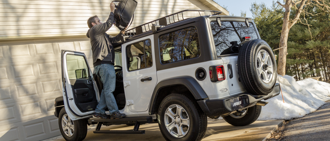 ARIES ActionTrac™ power steps offer two-step access on Jeep Wrangler JL ARIES ActionTrac™ power steps offer two-step access on Jeep Wrangler JL