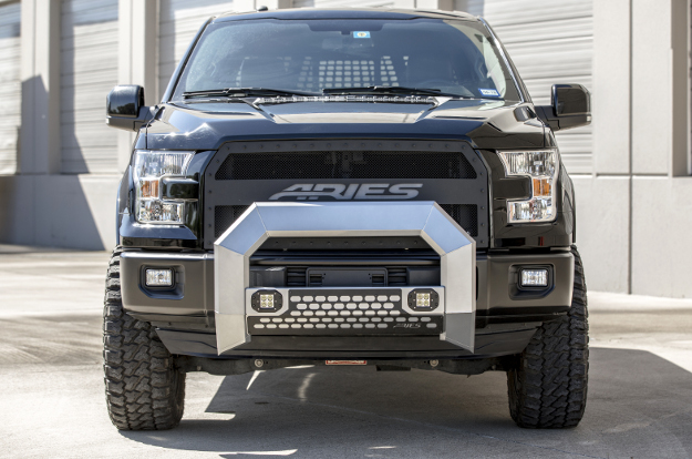 Custom 2016 black Ford F150 with ARIES AdvantEDGE™ chrome bull bar with LED lights