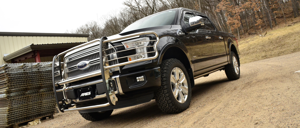 Black Ford F150 with ARIES stainless steel grille guard