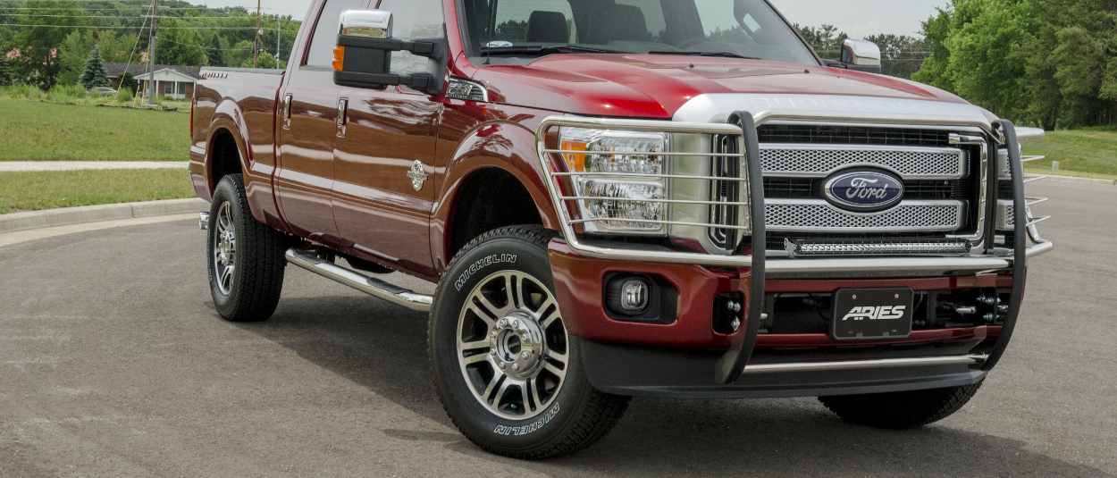 ARIES stainless steel grille guard on red 2016 Ford F350 Super Duty