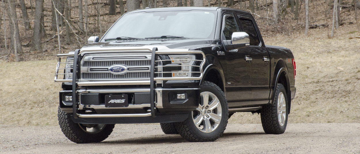 Black 2015 Ford F150 with ARIES stainless steel grille guard