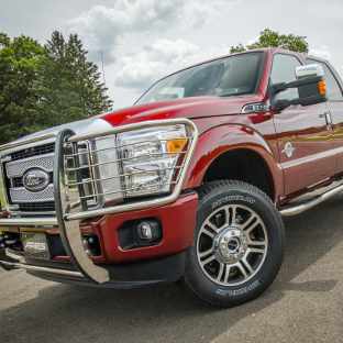 Red 2016 Ford F350 with ARIES stainless steel grille guard
