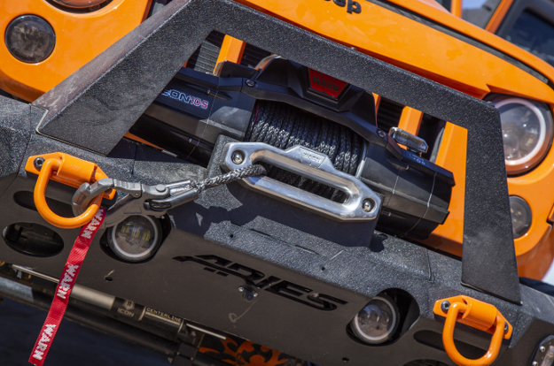 ARIES TrailChaser® Jeep bumper with winch and D-rings on orange Jeep Wrangler JK ARIES TrailChaser® Jeep bumper with winch and D-rings on orange Jeep Wrangler JK