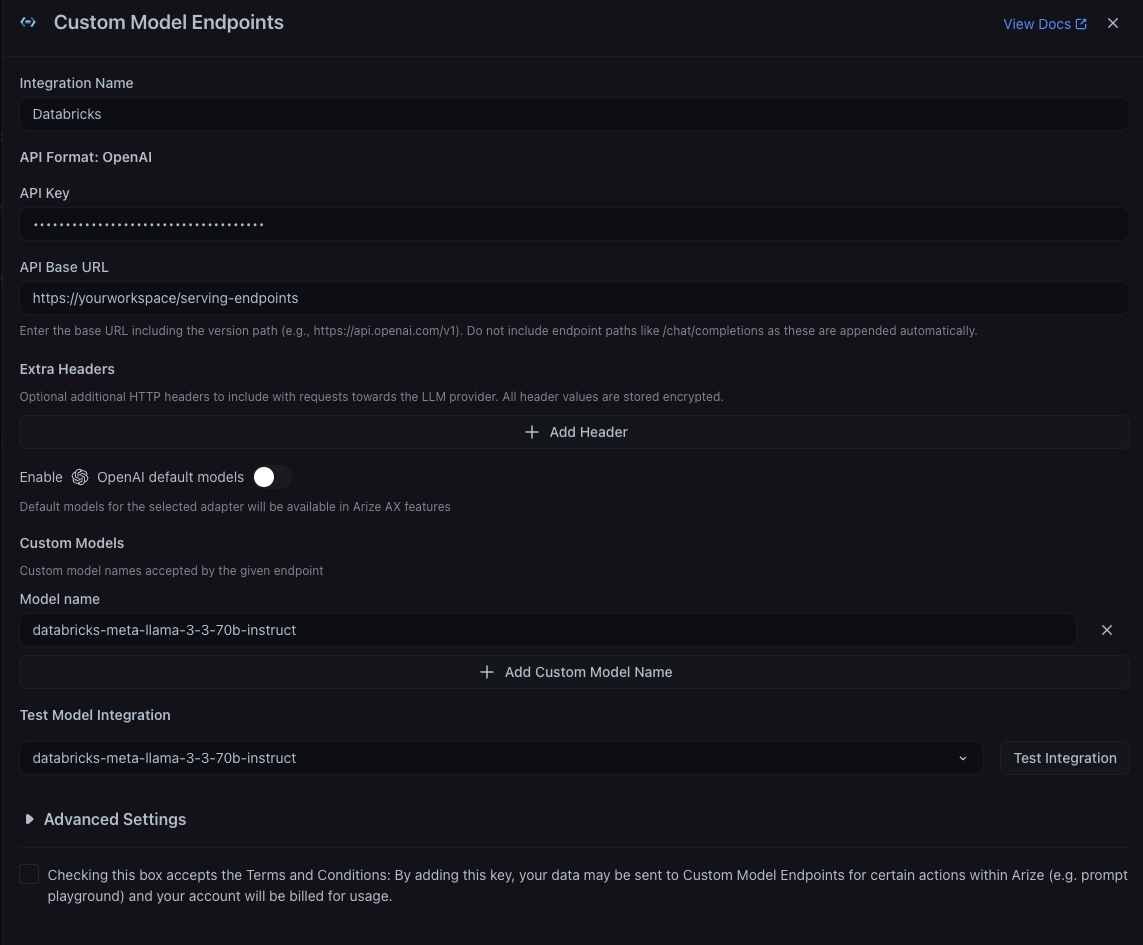 The Databricks integration details pane