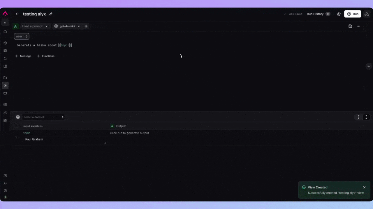 Open Alyx from the Prompt Playground to iterate on prompts and experiments