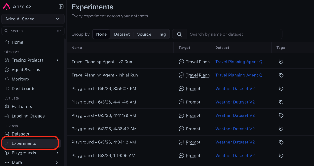 the new experiments tab in the sidebar