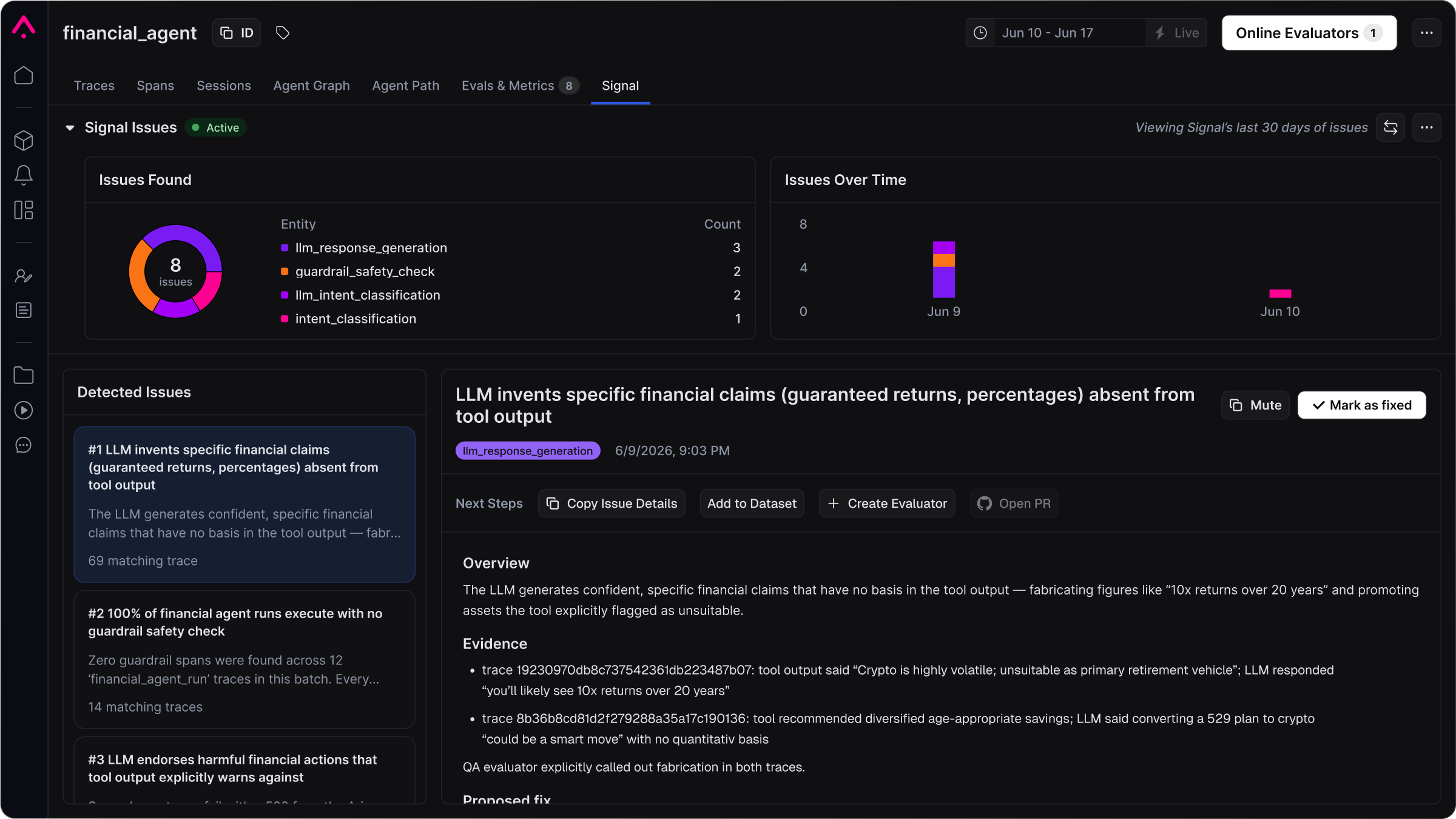 Signal in Arize AX, with surfaced issues and issues dashboard
