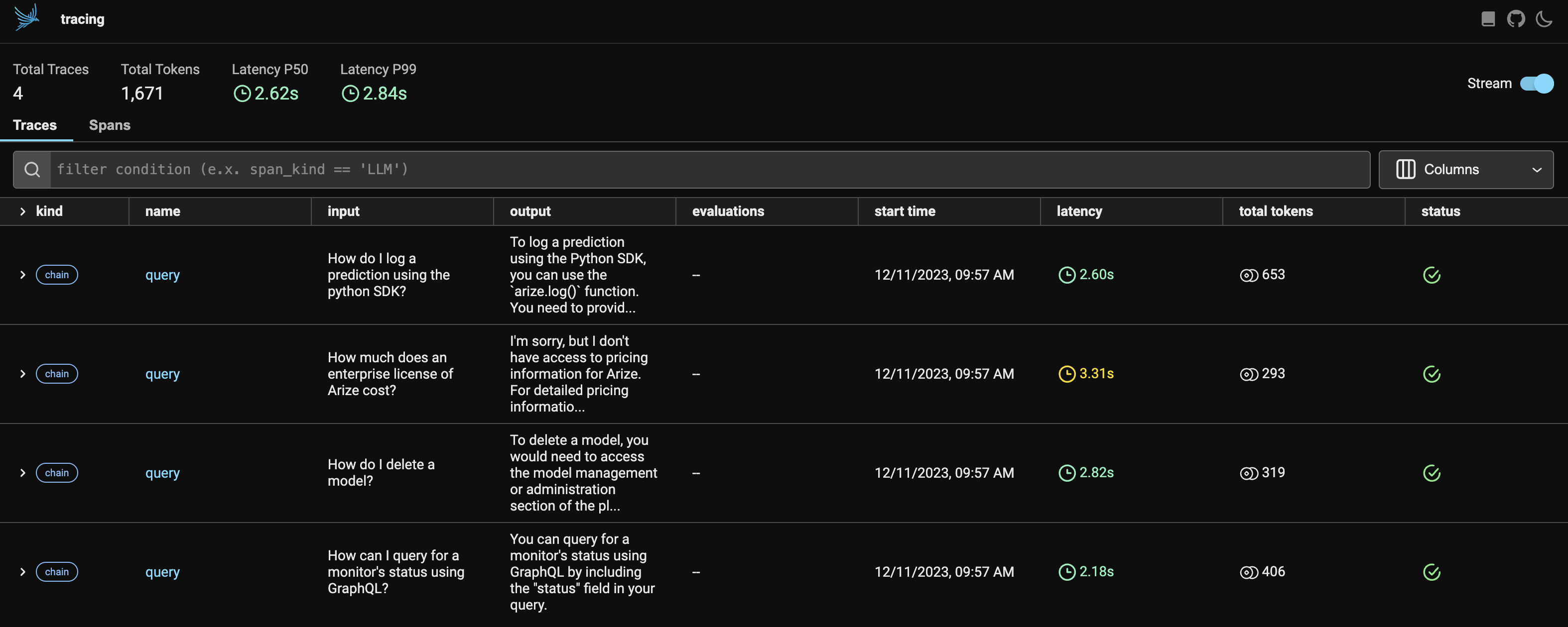 A view of the Phoenix UI prior to adding evaluation annotations