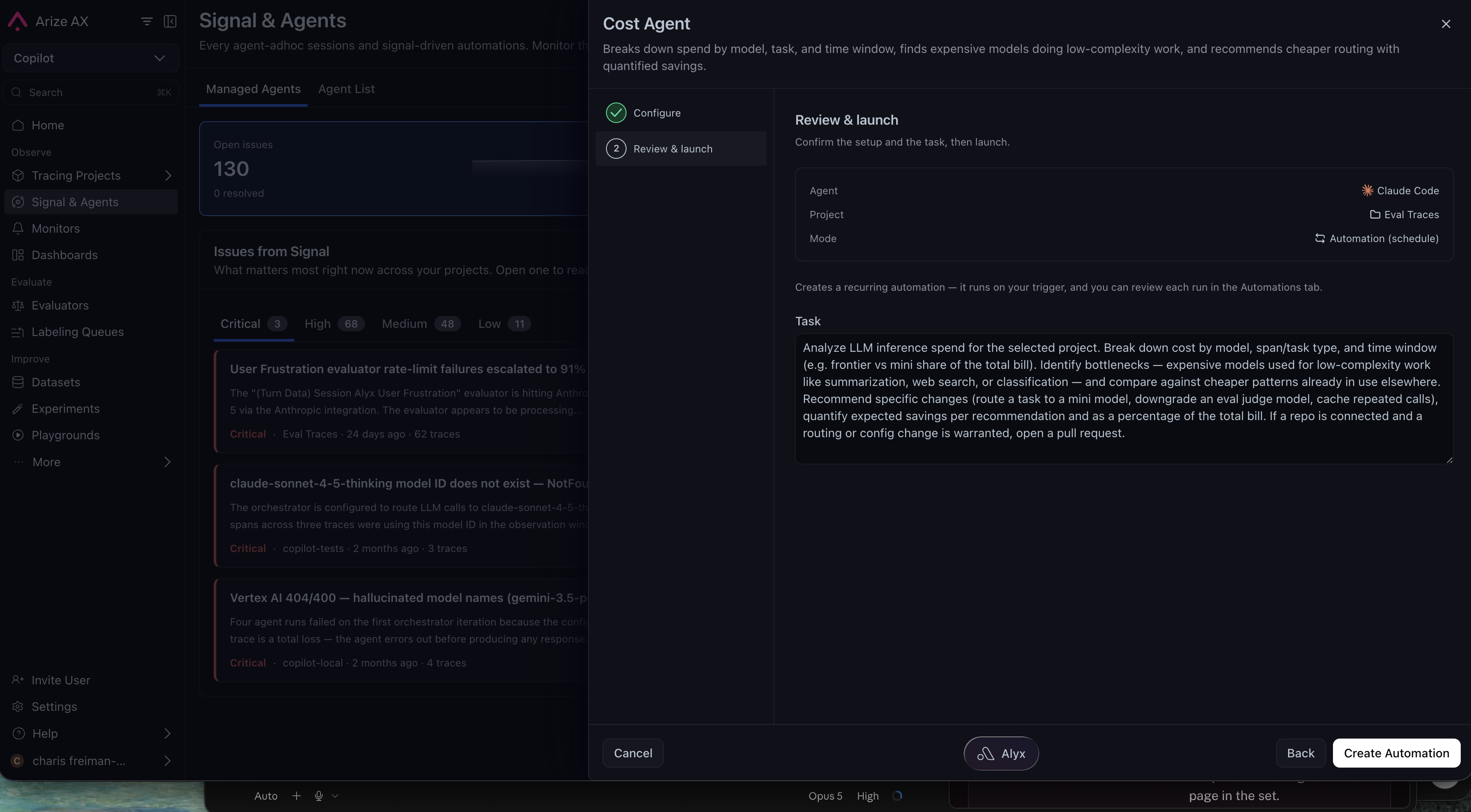 Cost Agent setup on the Review and launch step, showing Claude Code as the agent, a bound tracing project, Automation mode on a schedule, and the editable task prompt describing cost breakdown by model and task type