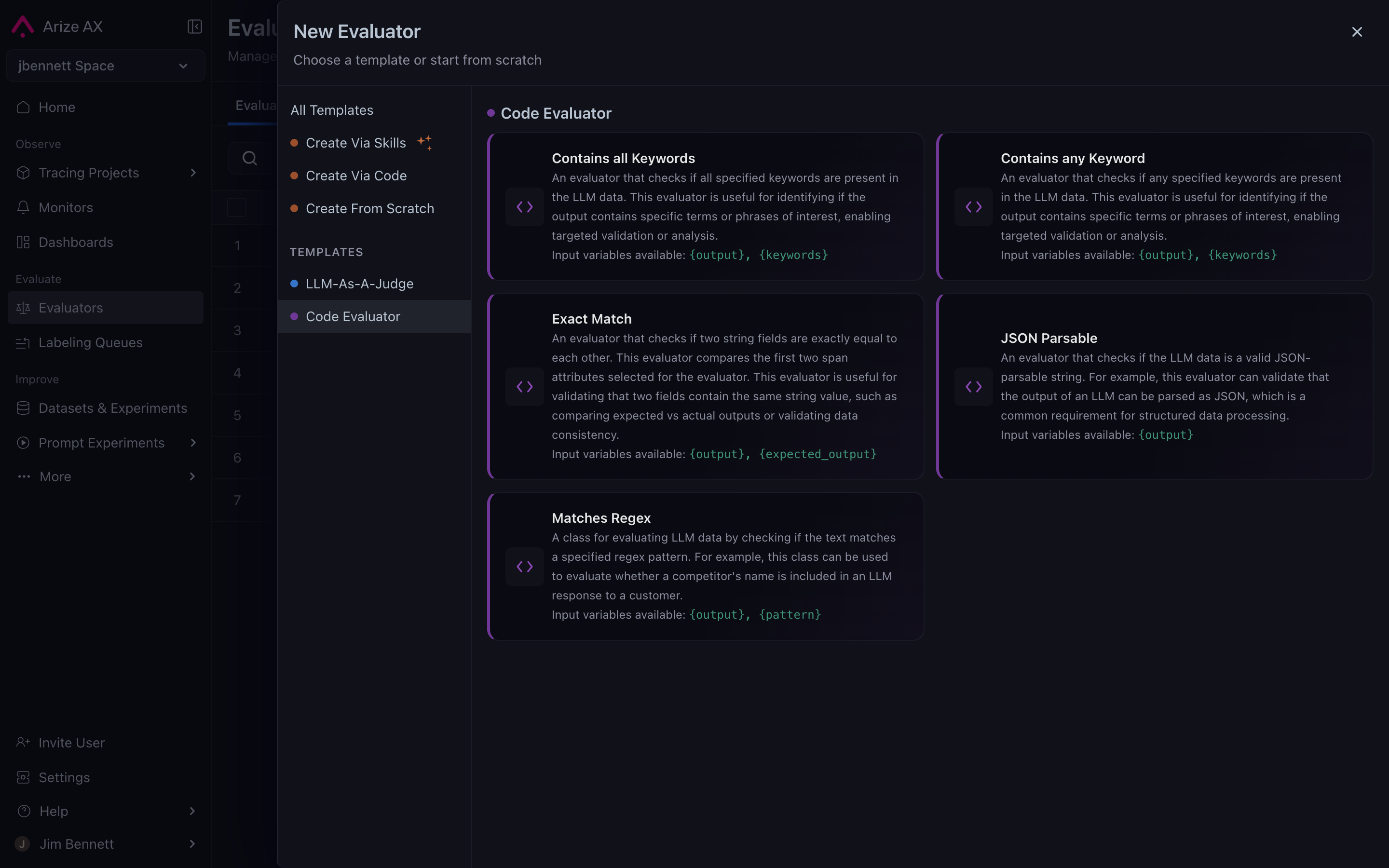 Built-in code evaluator templates in the New Evaluator dialog — Contains all Keywords, Contains any Keyword, Exact Match, JSON Parsable, Matches Regex