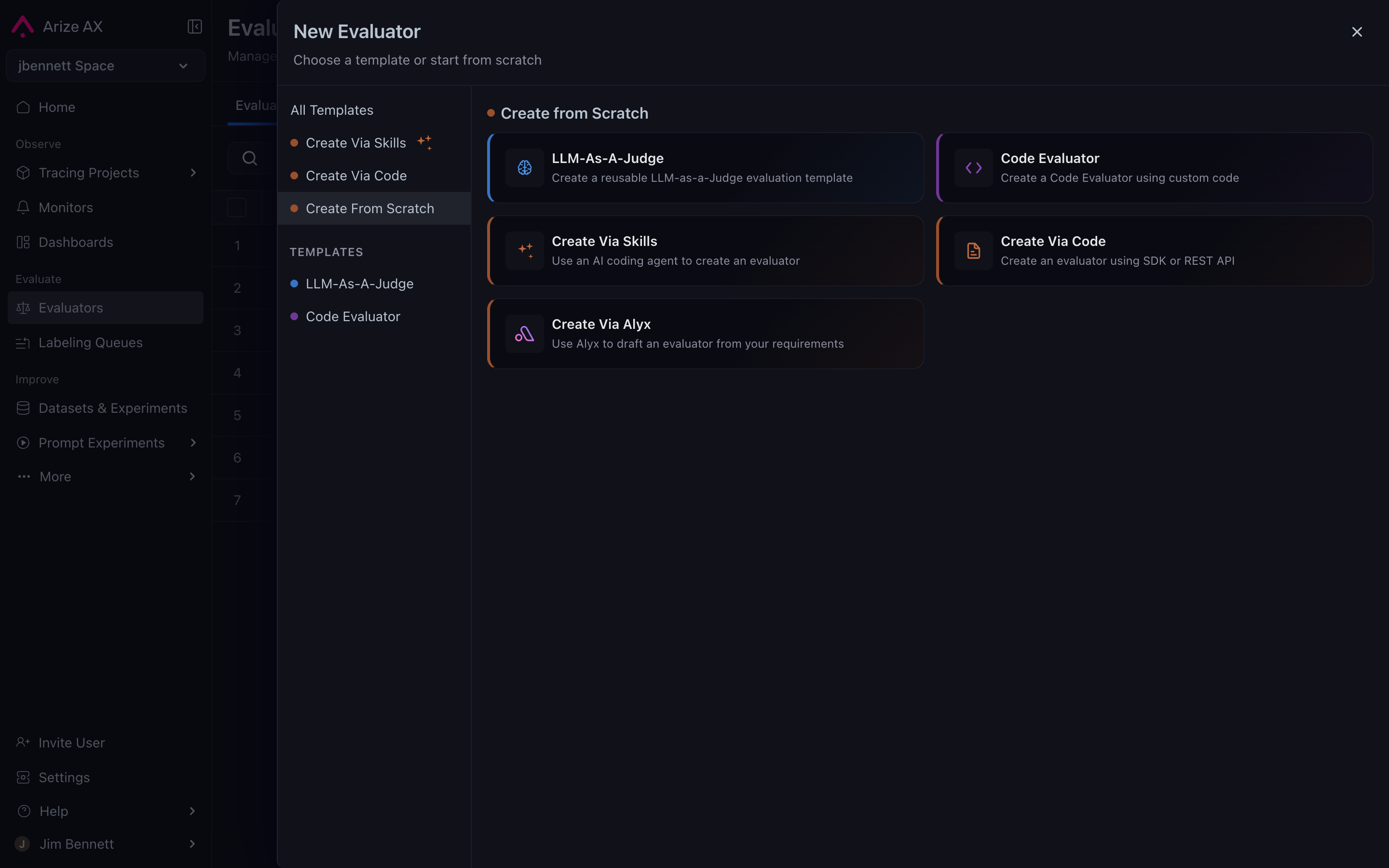 The Create From Scratch page in the New Evaluator dialog showing the five authoring paths — LLM-As-A-Judge, Code Evaluator, Create Via Skills, Create Via Code, Create Via Alyx