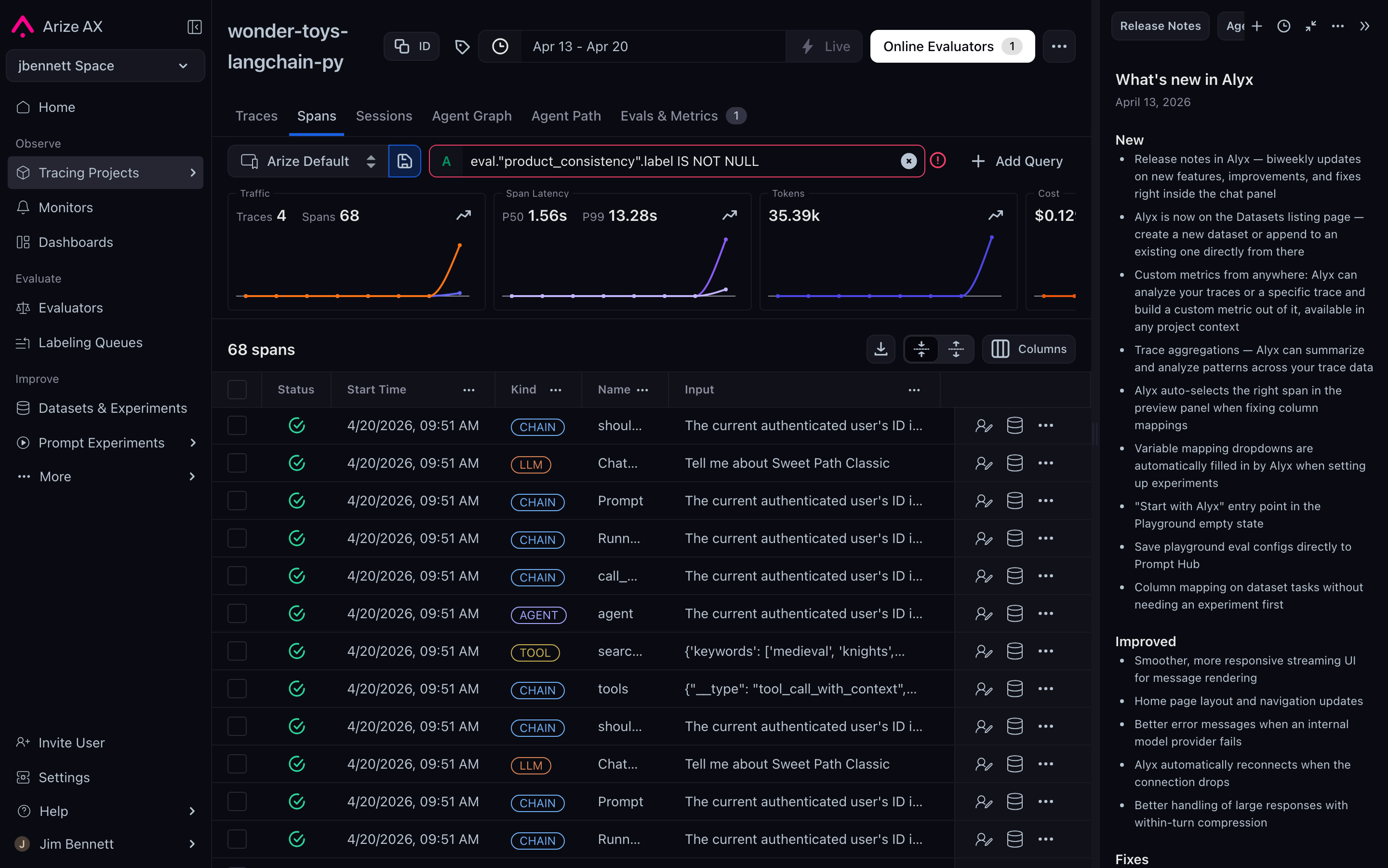The AX Traces tab with a filter expression for eval.product_consistency.label IS NOT NULL applied, demonstrating that eval results behave as standard span attributes