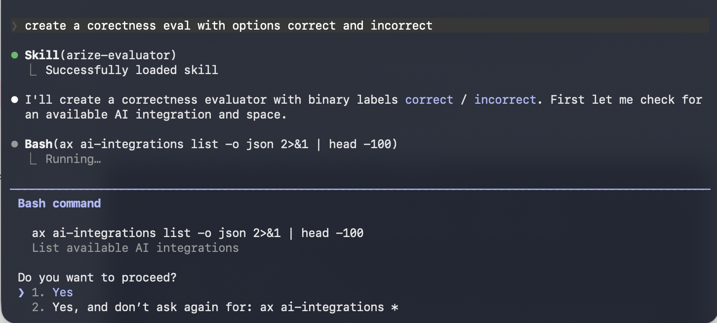 Coding agent terminal using the arize-evaluator skill and ax CLI to create an evaluator from natural language