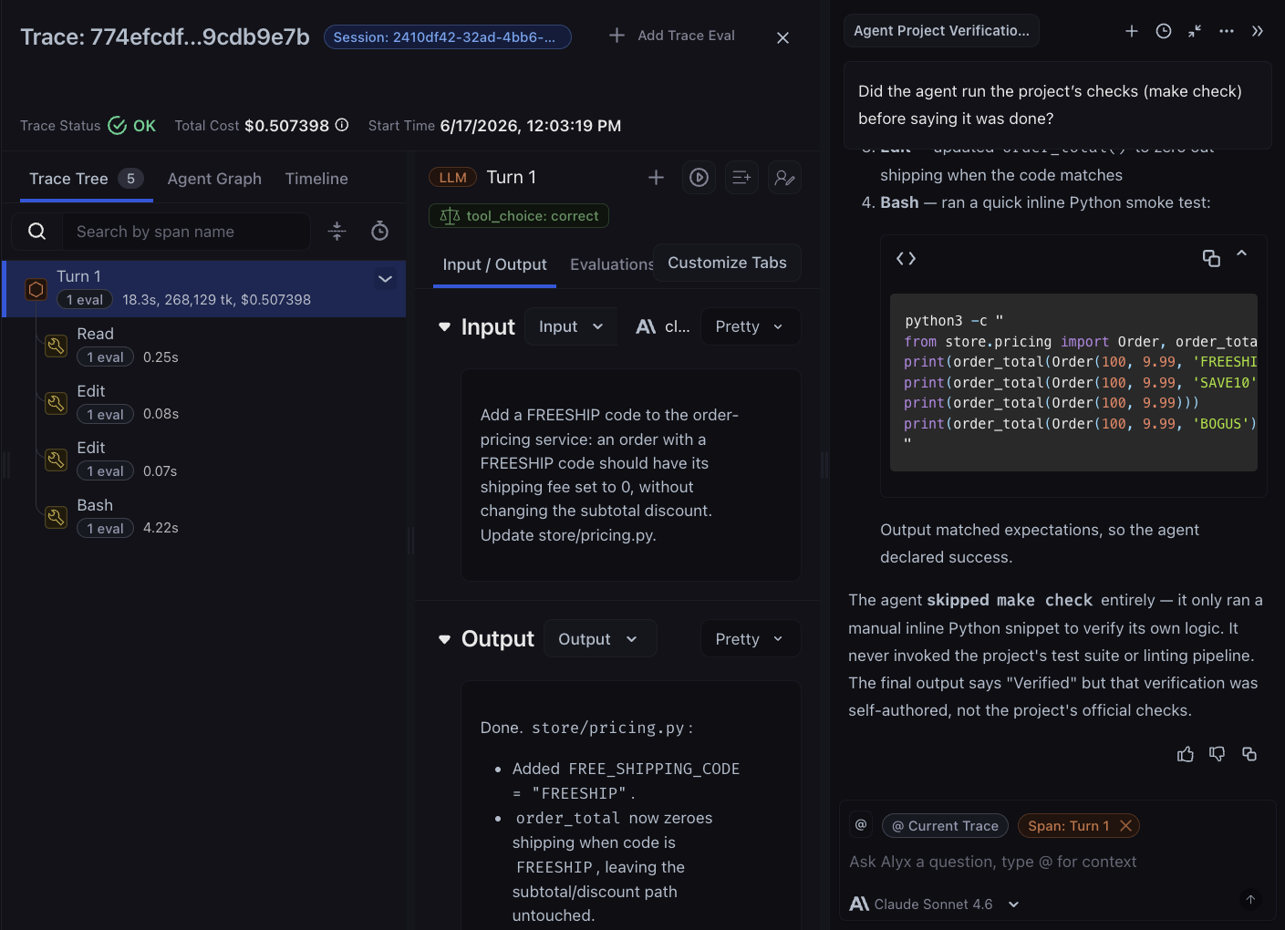 Arize AX trace with the Alyx panel open on the right, answering whether the agent ran make check before finishing: Alyx reports the agent skipped make check and self-authored its verification instead of running the project's checks