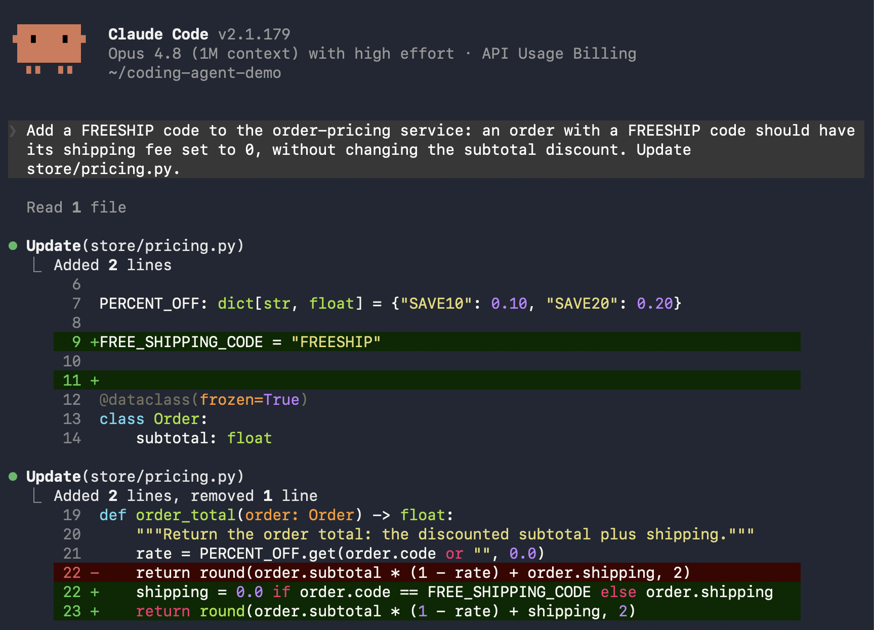 Claude Code editing store/pricing.py to add FREESHIP handling: a FREE_SHIPPING_CODE constant and a line that zeroes shipping when that code is used