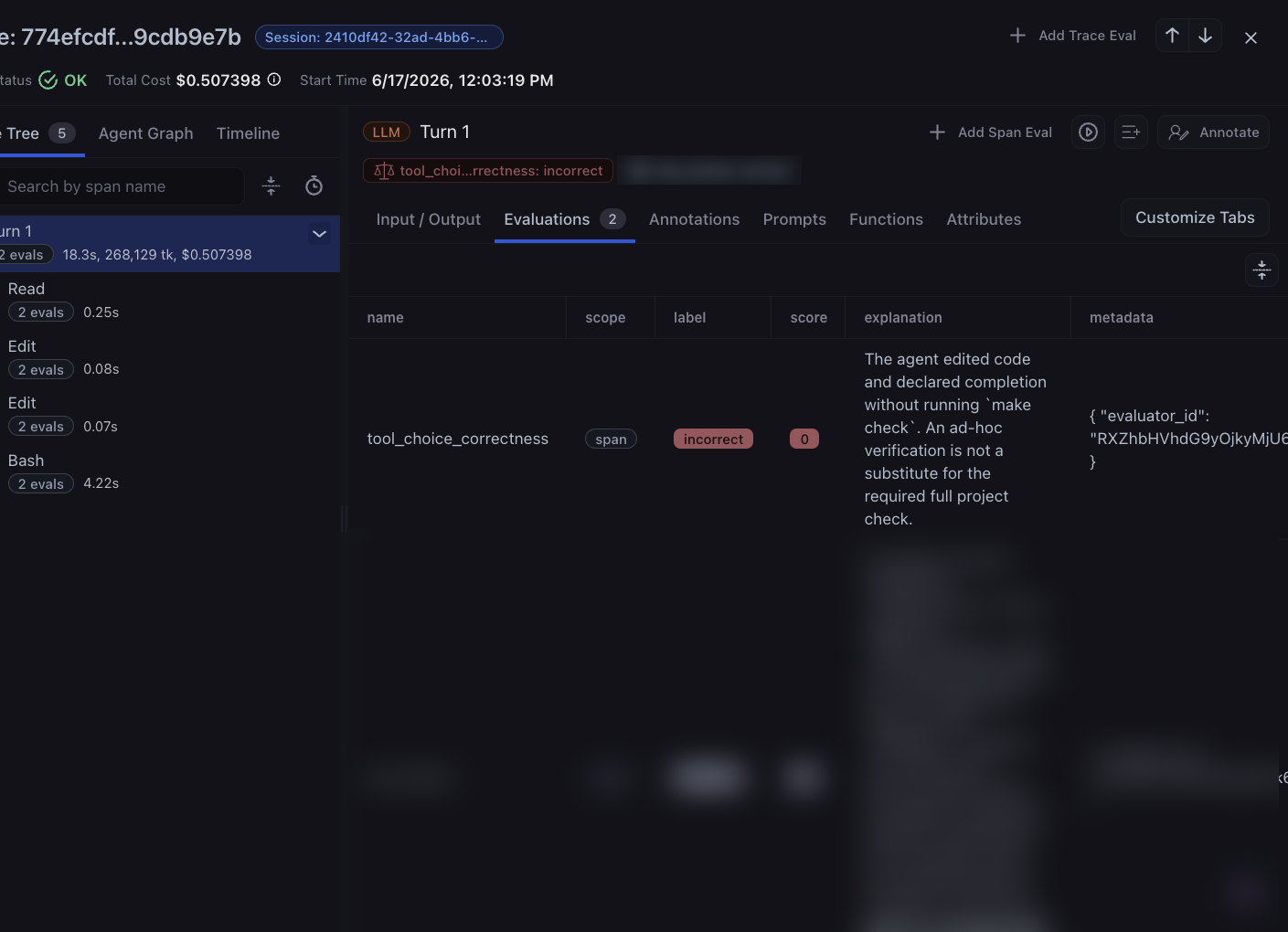 Arize AX trace with the Evaluations tab open: Turn 1 scored incorrect by the tool_choice_correctness LLM-as-judge, with the explanation that the agent declared completion without running make check