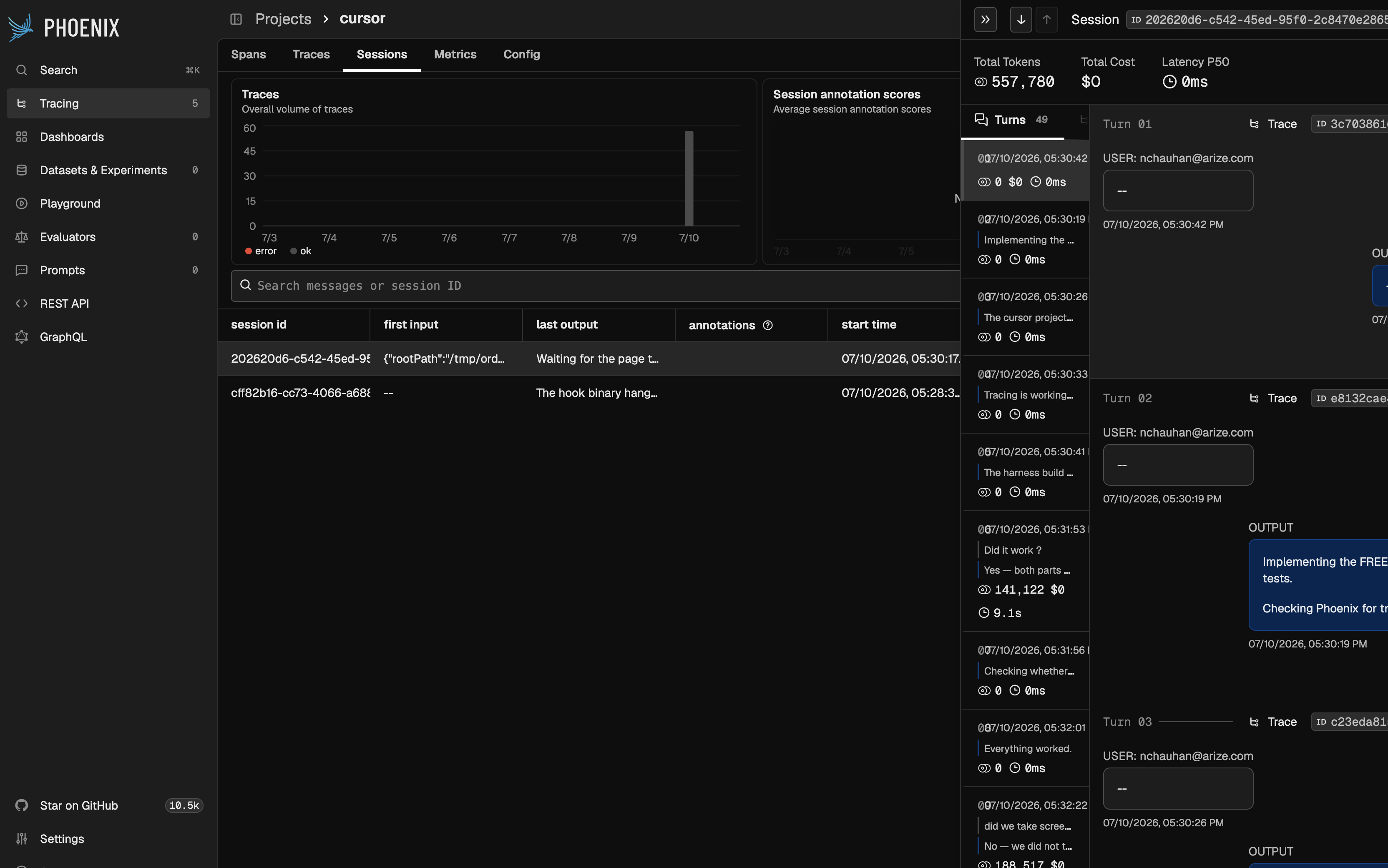 Phoenix session view for a Cursor conversation showing its turns grouped together, each with its own token count, cost, and latency, plus the selected turn's input and output