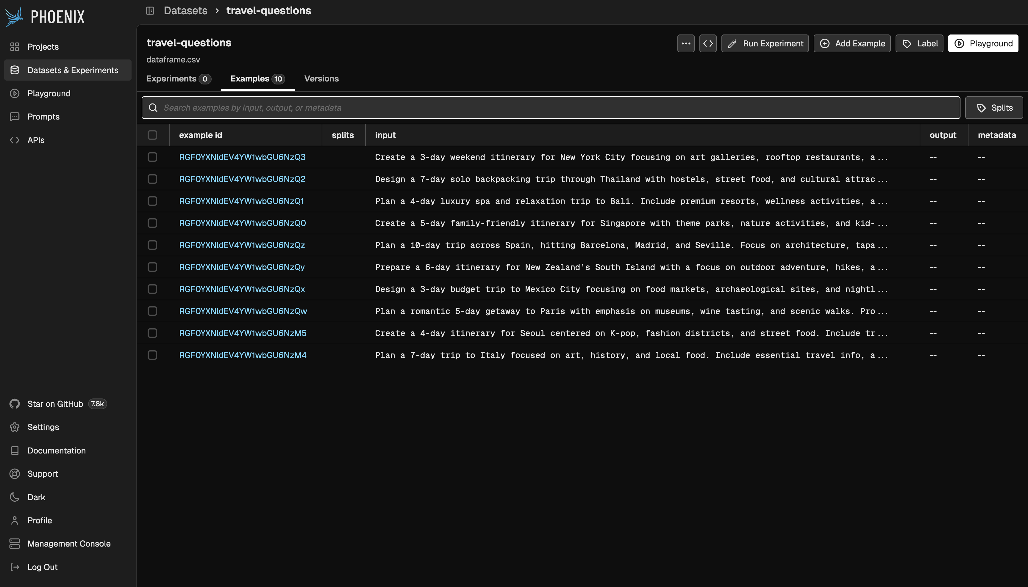 Dataset view in Phoenix