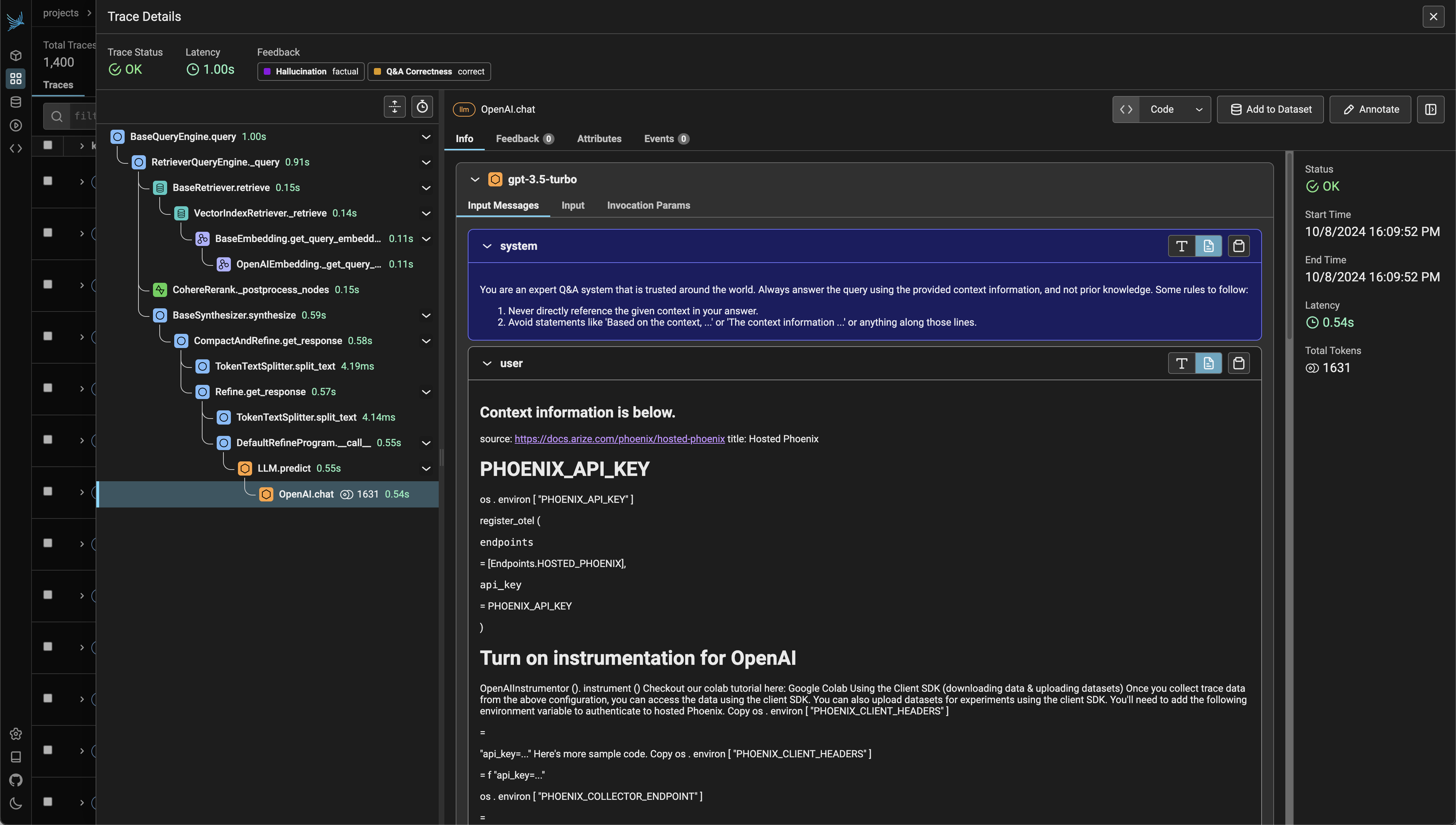 Phoenix追踪界面展示LLM应用的完整调用链路