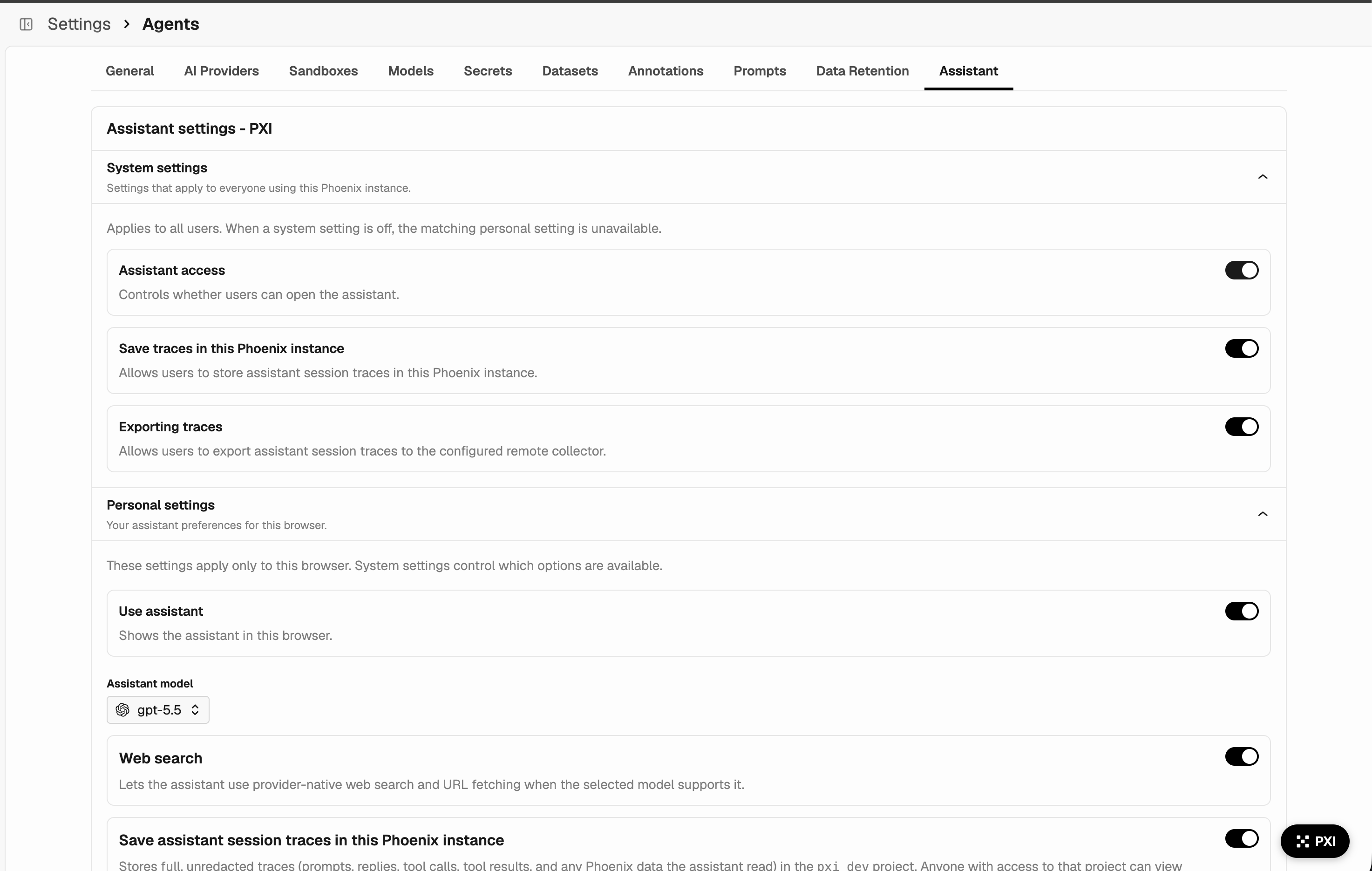 PXI assistant settings