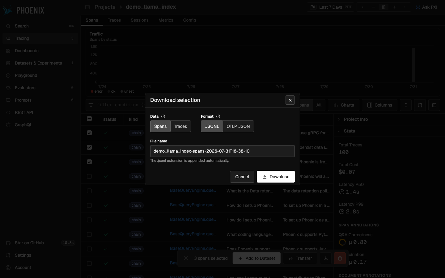 The Download selection dialog with a Spans/Traces scope toggle, a JSONL/OTLP JSON format toggle, and a file name field, opened over a selection of spans in a project table