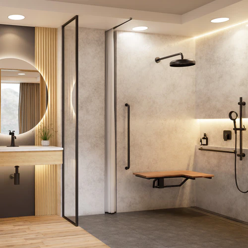 Accessible bathroom with walk-in shower and folding shower seat