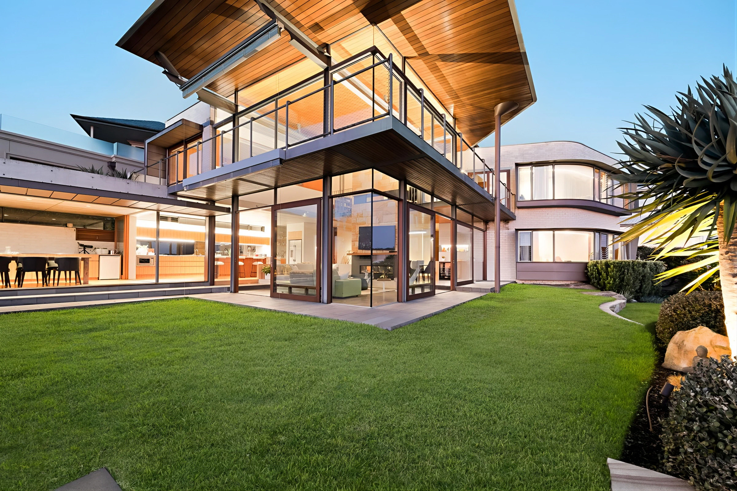 Exterior view of contemporary house and landscaped garden