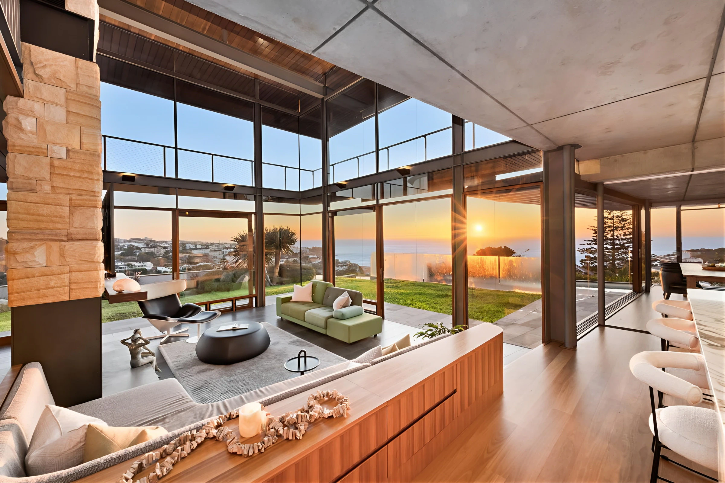Modern living room with ocean sunset view