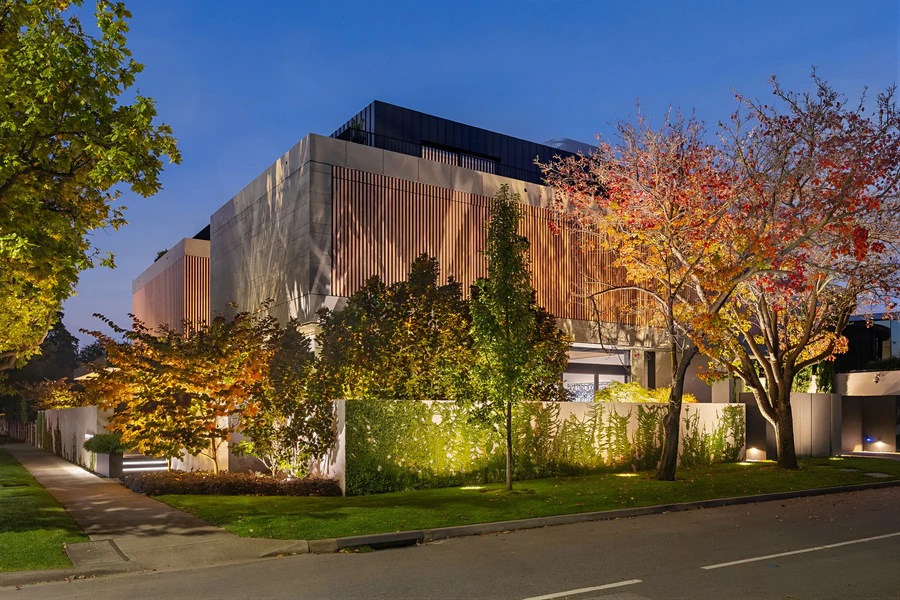Modern luxury home exterior at dusk