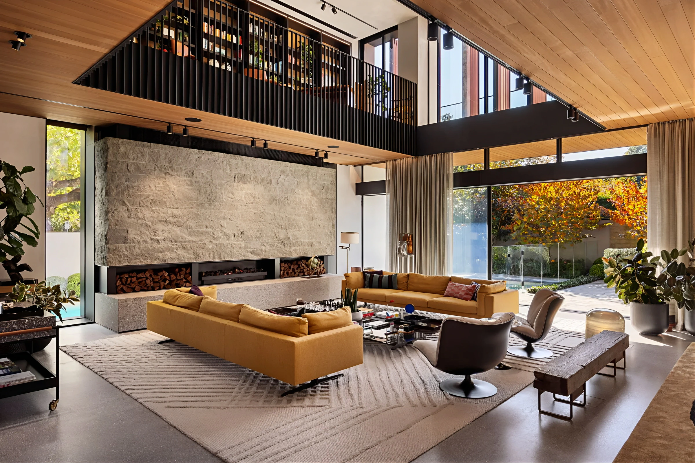 Spacious living room with a stone fireplace