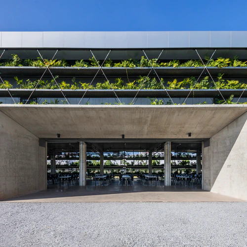 The view from the courtyard towards the factory's canteen area, with its wire mesh wall and greenery