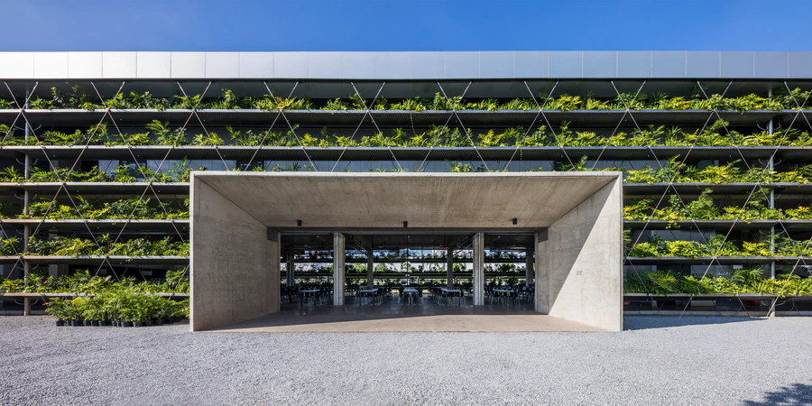 The view from the courtyard towards the factory's canteen area, with its wire mesh wall and greenery