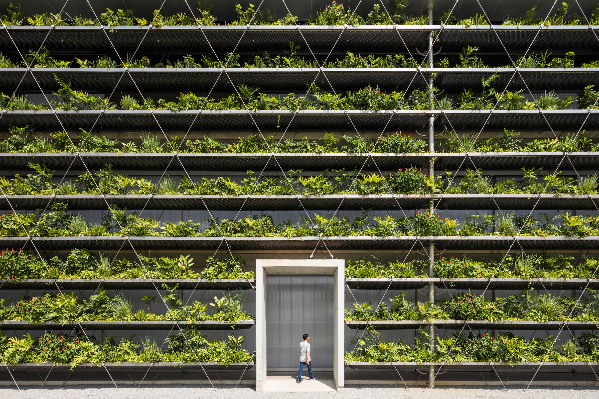 Jakob Factory planted façade and stainless-steel cable lattice