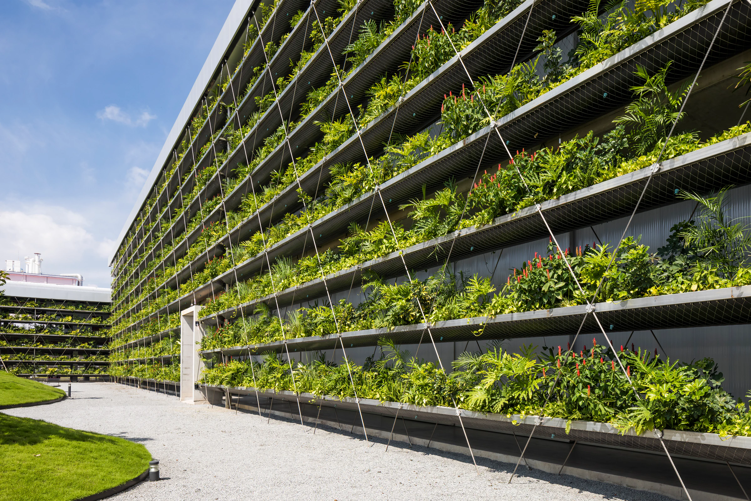 Jakob Factory planted façade and stainless-steel cable lattice