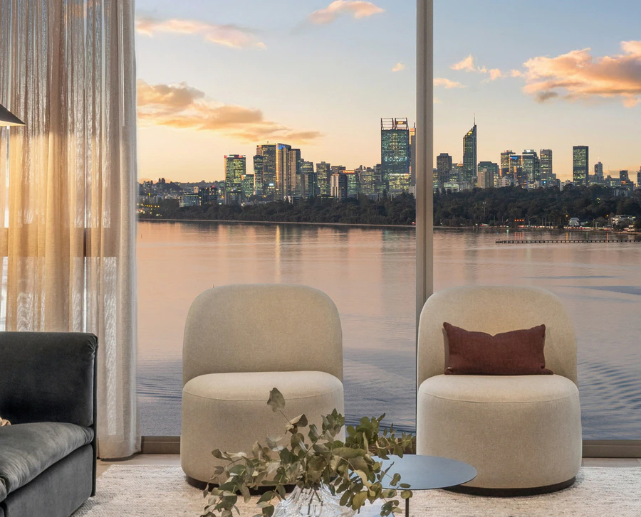 North-facing theatre with floor-to-ceiling windows featuring city skyline views