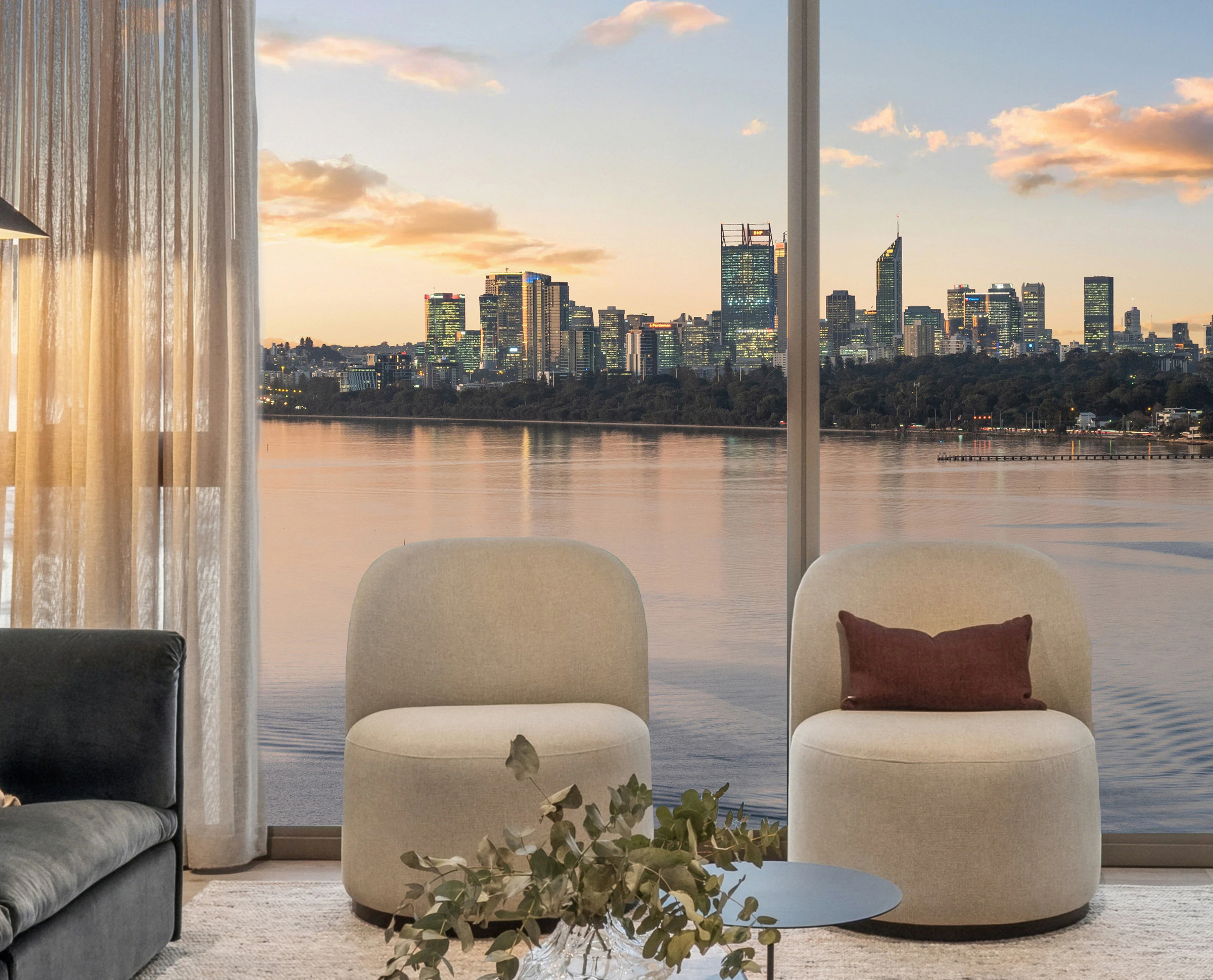 North-facing theatre with floor-to-ceiling windows featuring city skyline views