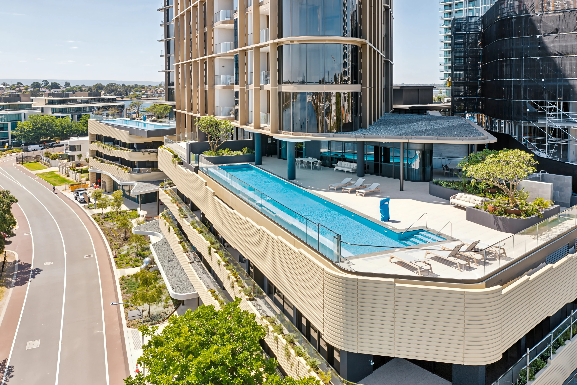Aerial view of the furnished pool deck on the Level 3 podium