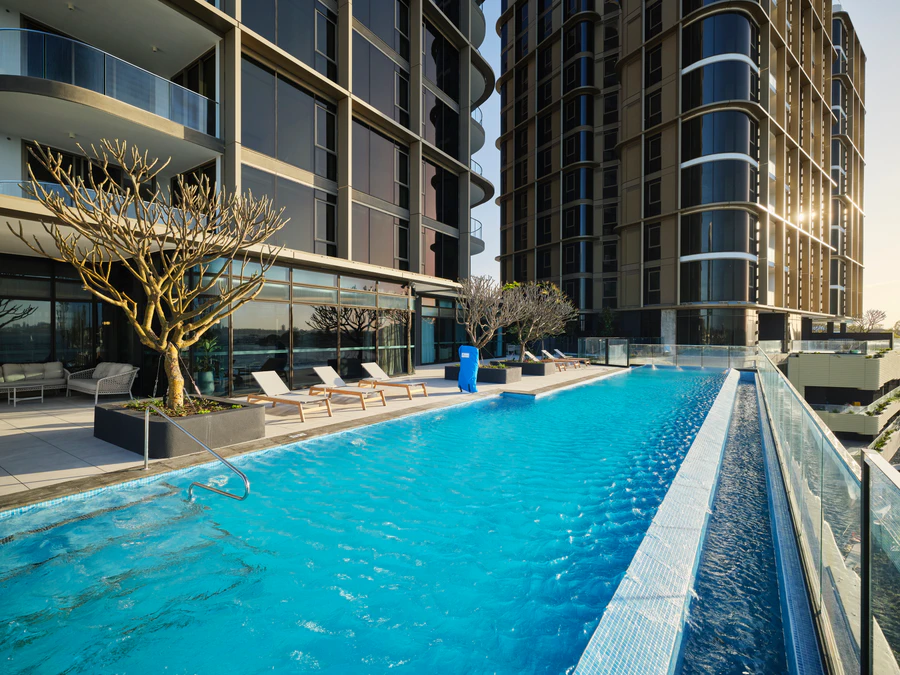 Cantilevered 25-metre heated infinity lap pool offering resort-style relaxation