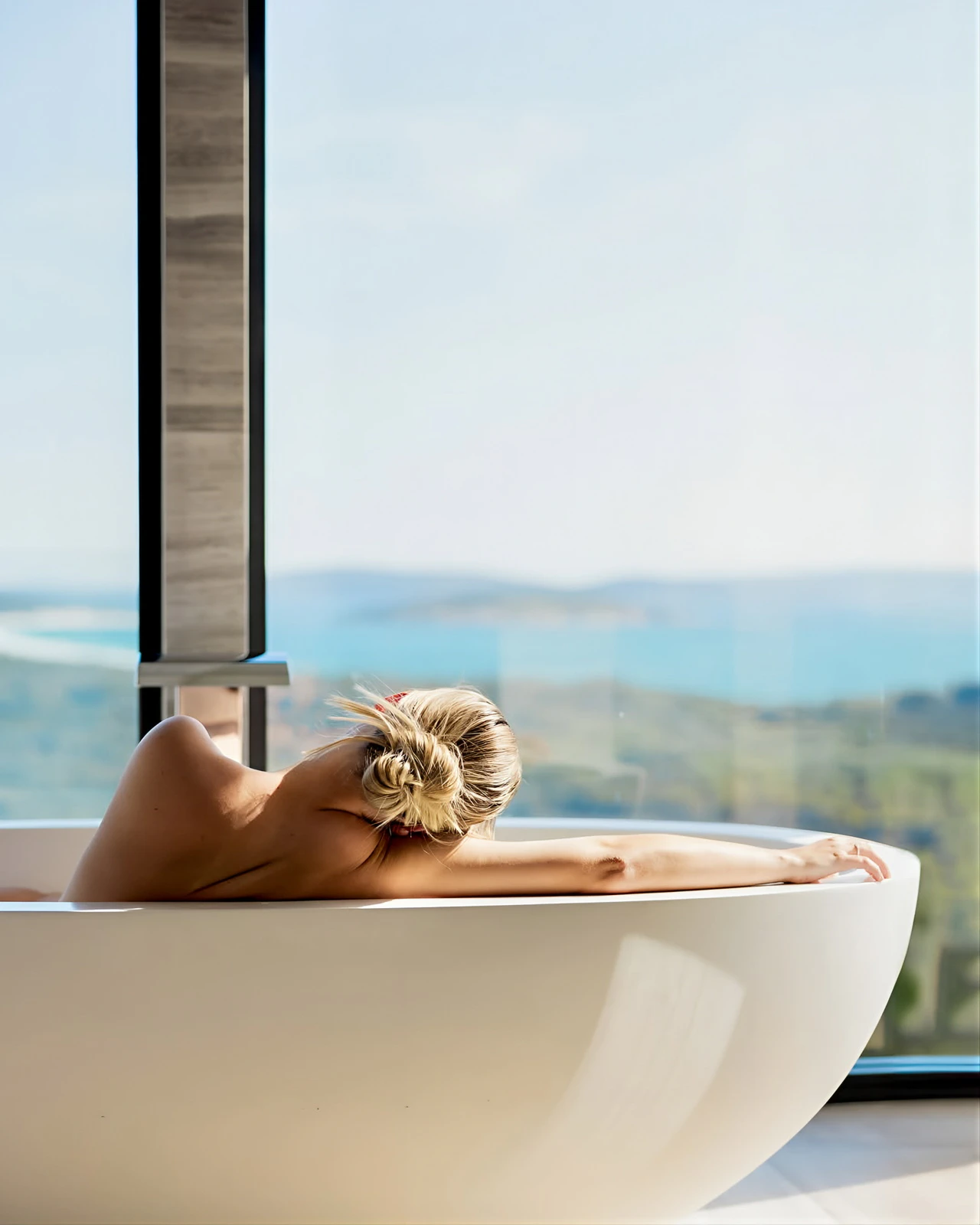 Woman relaxing in bathtub overlooking ocean view