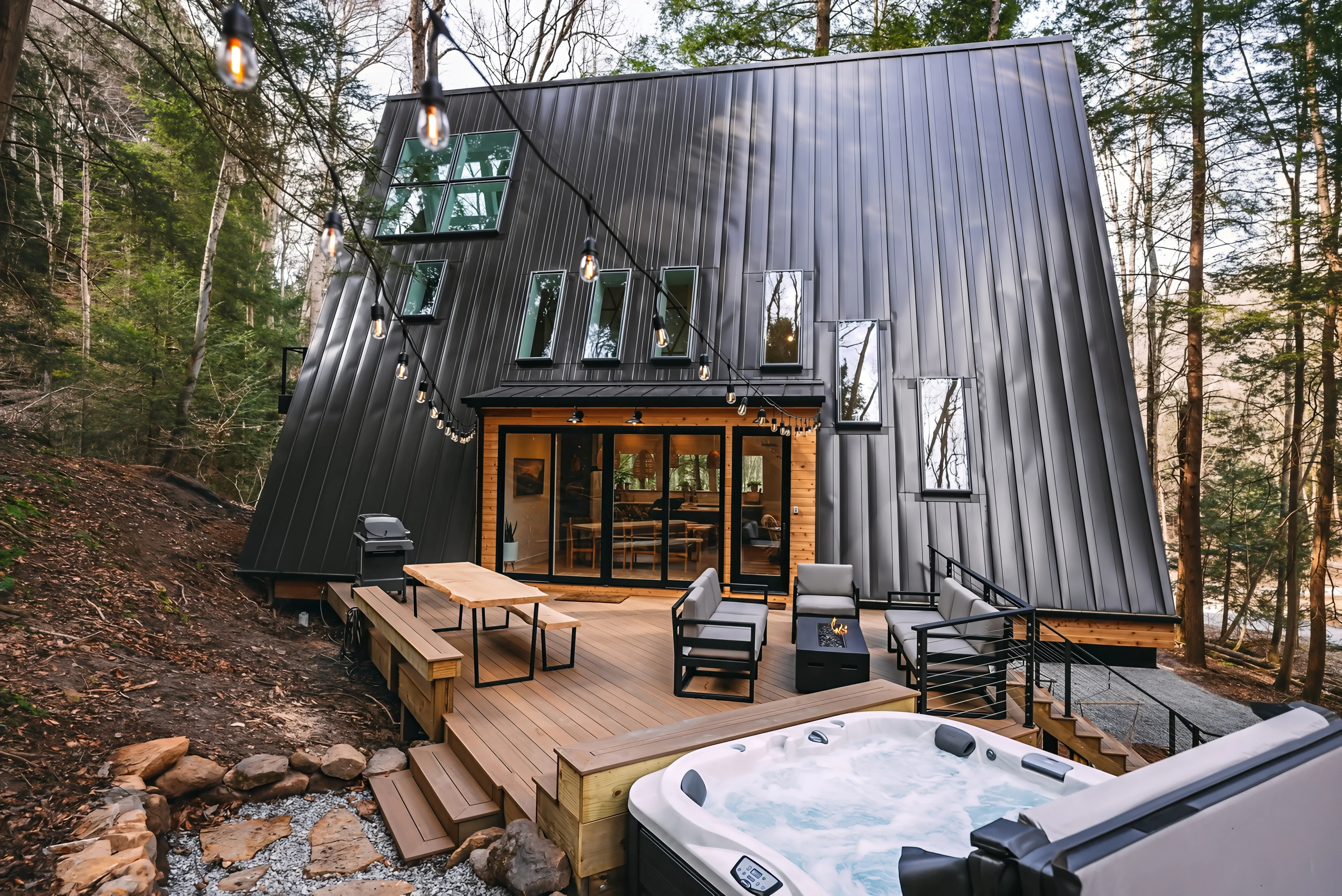A-frame cabin exterior featuring deck and outdoor spa in forest setting